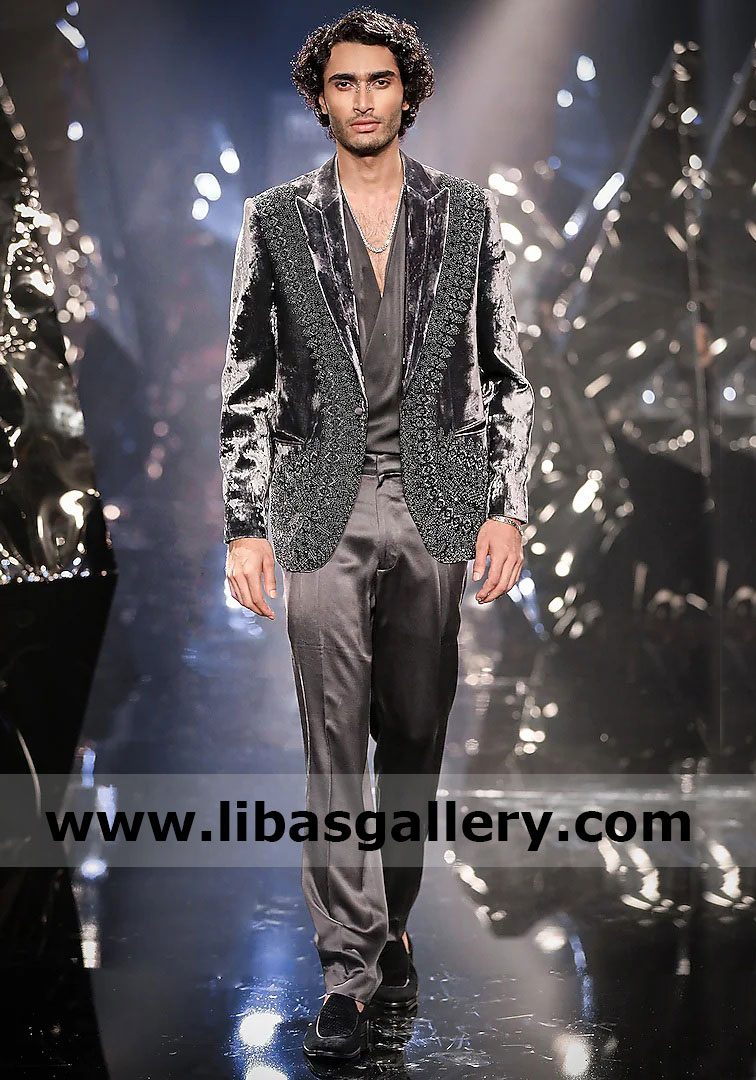 Steel Grey Silk Velvet Metallic Bead Embroidered Tuxedo